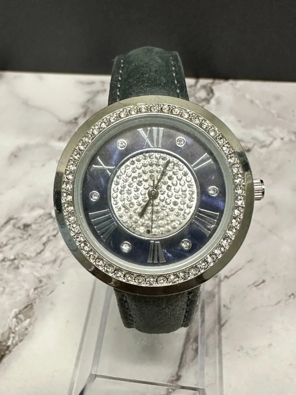 Genevex by Croton Watch Women Silver Tone Blue Dial Grey Band New Battery